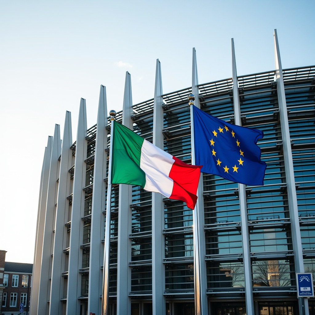 Edificio del Parlamento Europeo a Bruxelles con bandiere italiana ed europea in primo piano, fotografia corporate professionale, dettaglio architettonico, luce naturale, composizione sofisticata