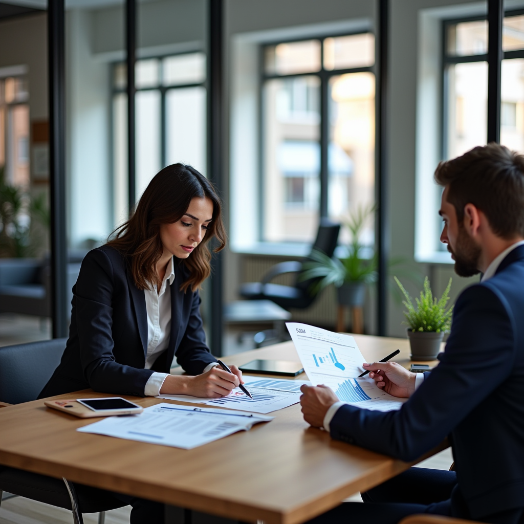 Ufficio aziendale moderno a Milano con dirigenti professionisti che esaminano documenti finanziari e grafici, ambiente corporate elegante con arredamento contemporaneo, illuminazione naturale attraverso ampie finestre, atmosfera sofisticata