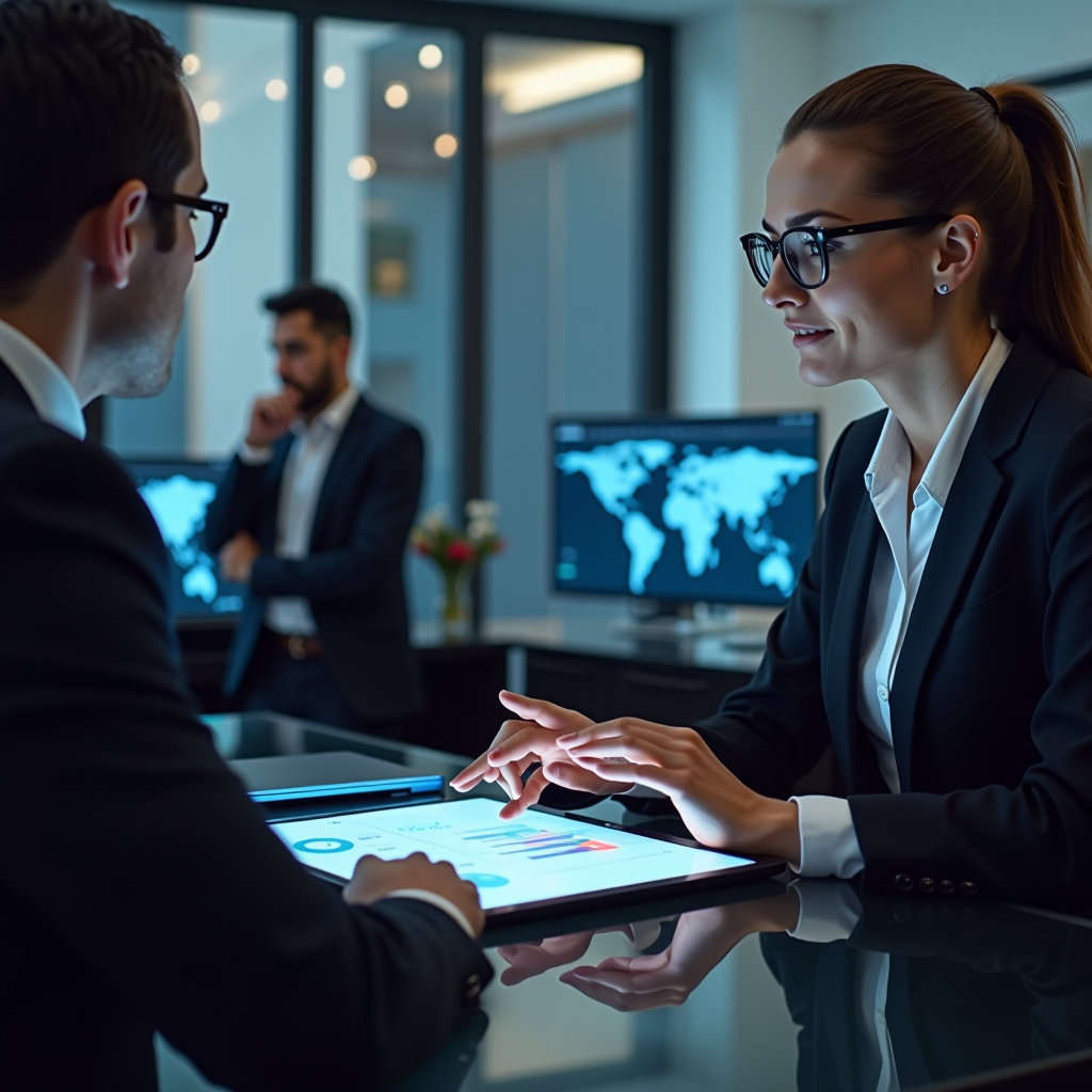 Rappresentazione moderna della consulenza finanziaria professionale: consulente che utilizza strumenti digitali avanzati, dashboard interattive, clienti corporate e privati in un elegante ufficio milanese, tecnologia finanziaria innovativa e personalizzazione dei servizi