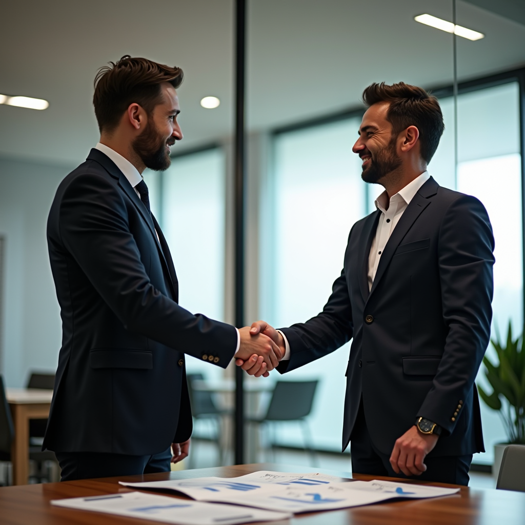 Imprenditore italiano che stringe la mano a consulente finanziario in moderno ufficio aziendale, documenti di finanziamento sul tavolo, atmosfera professionale e fiduciosa