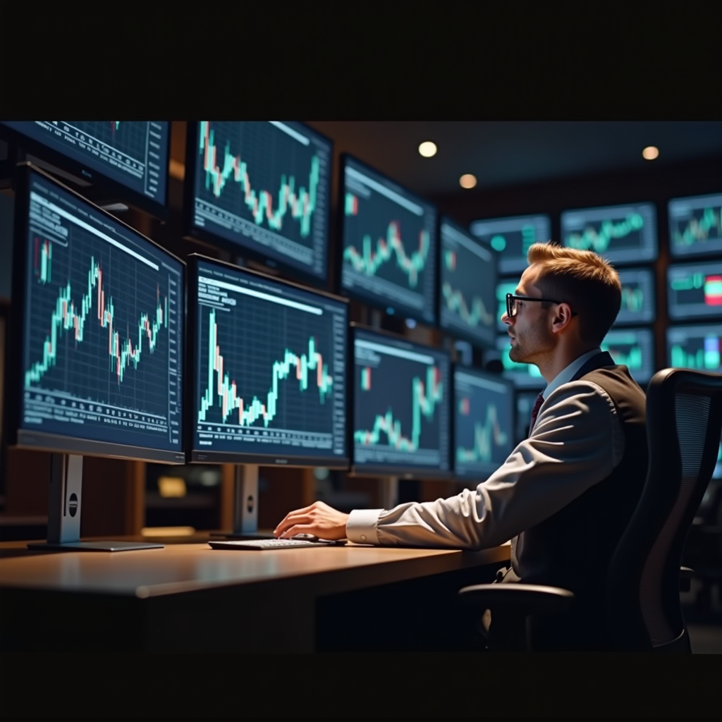 Gestore di portafoglio professionale che analizza grafici finanziari su schermi multipli in sala operativa moderna, ambiente tecnologico e sofisticato con dettagli dorati